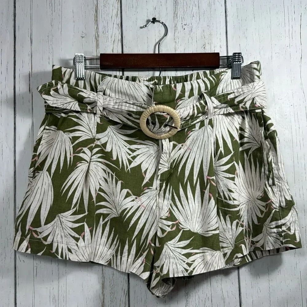 Tahari Linen Tropical Green Palm Tree Belted Boho High Waist Summer Beach Short